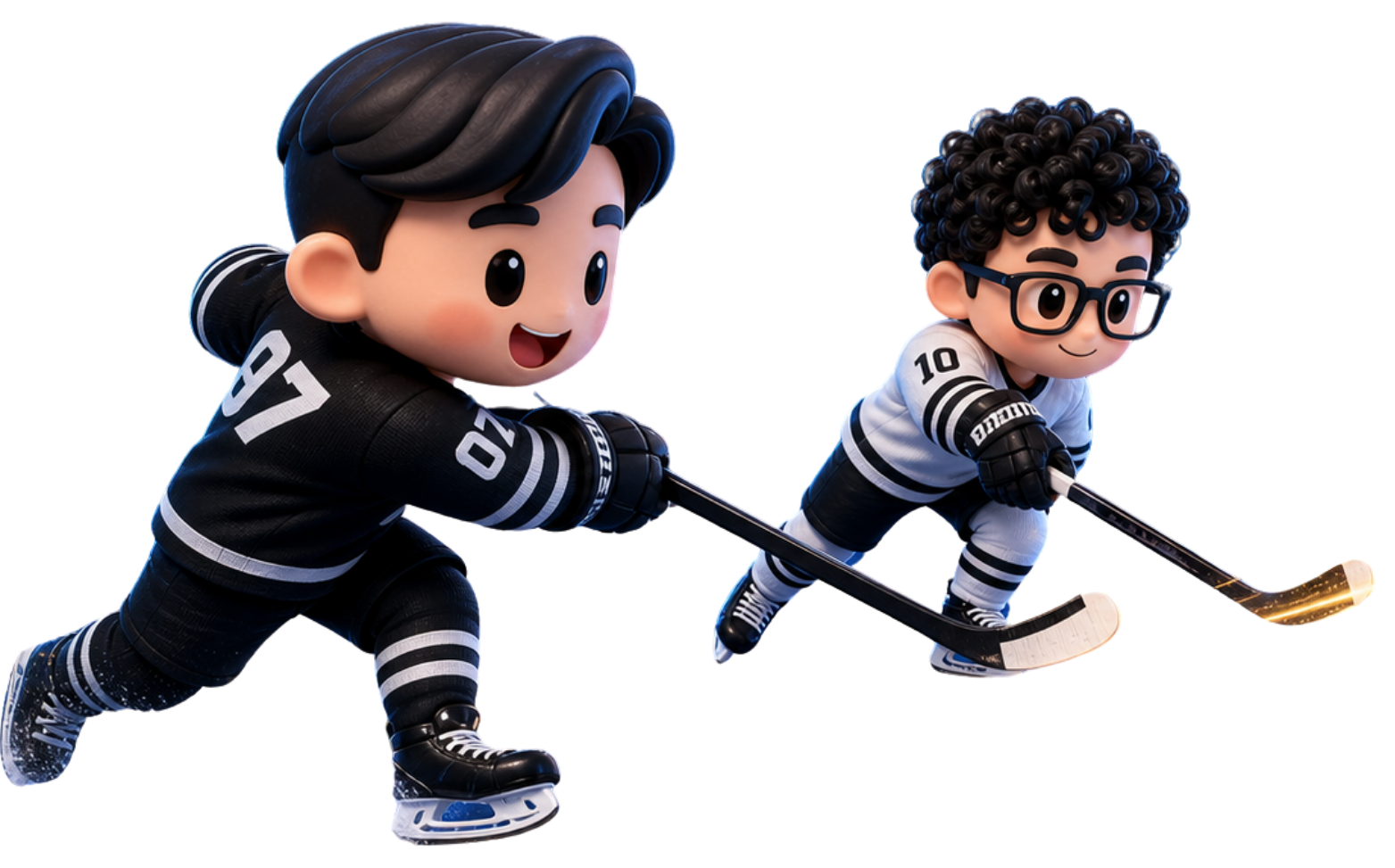 Sebastian a Tobias jako 3D chibi hokejisté v týmové akci pro Bros and Bots