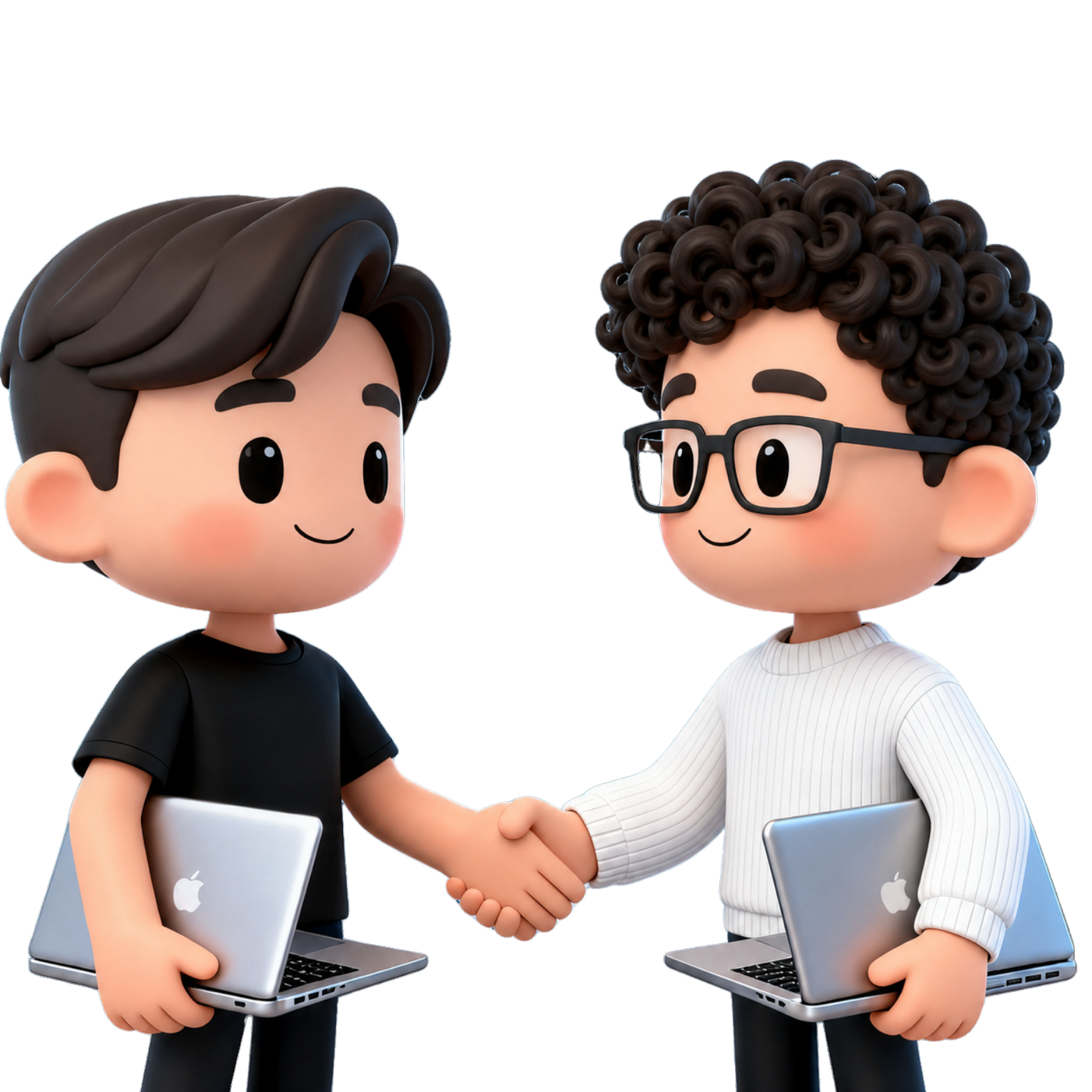 Dva přátelští zakladatelé Bros and Bots si podávají ruce a drží notebooky